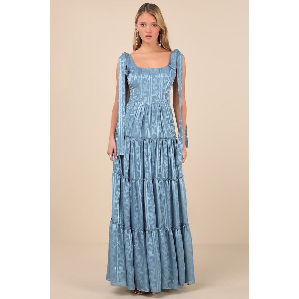 NWT Lulus Picturesque Allure Slate Blue Jacquard Tie-Strap Maxi Dress Gala Sz XL